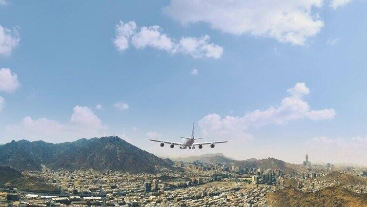 客机在沙特阿拉伯麦加麦加起飞和降落。飞机的概念