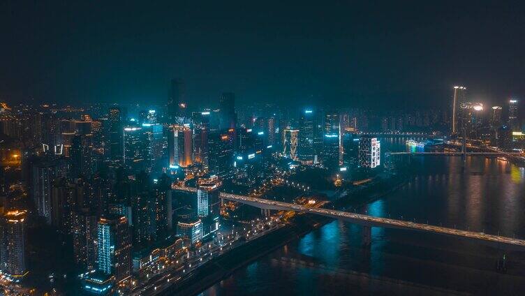 重庆江北嘴商业区夜景航拍延时