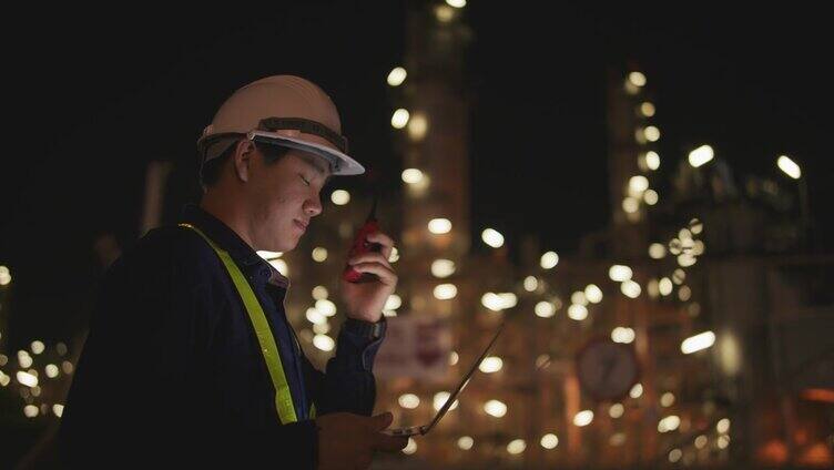 石油工厂工程师晚上在电脑上工作