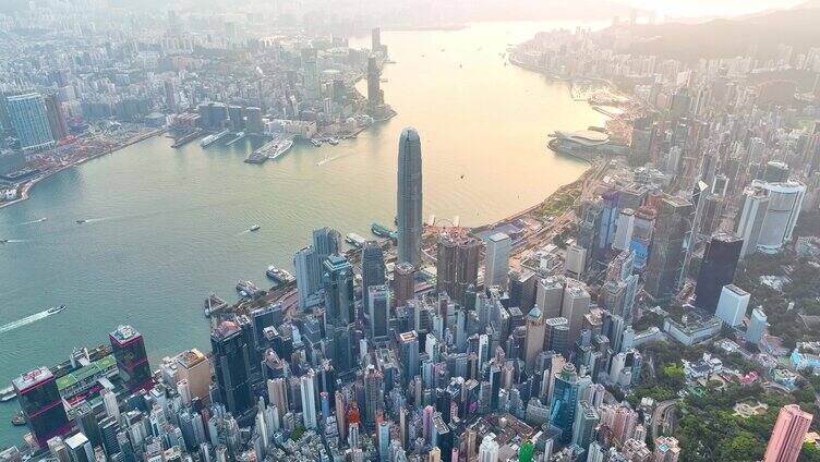 侧逆光香港大景后移航拍视频