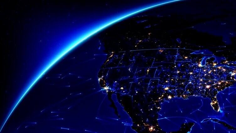 围绕地球运转的明亮连接。美国，城市灯火通明。