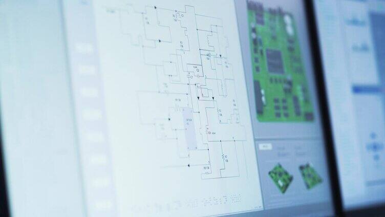 计算机显示器与三维CAD软件界面的特写与电路主板的数字电子图正在设计中。技术研究与发展理念。