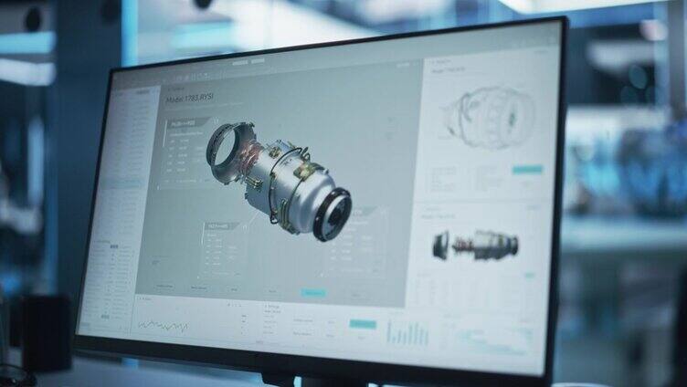近距离的计算机显示器显示与三维CAD软件与原型涡轮电机项目。接口与工业发动机原型的重要设置和编程选项。