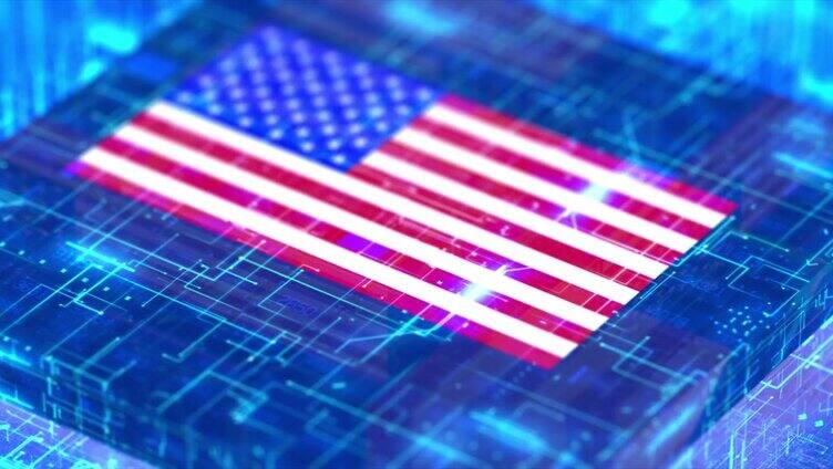 处理器单元，芯片大战。在技术环境中处理信息。美国国旗。