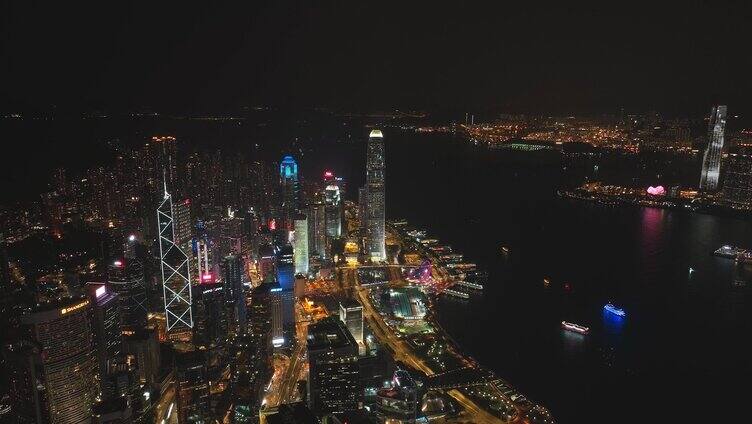 向后飞香港国际金融中心二期夜景航拍视频