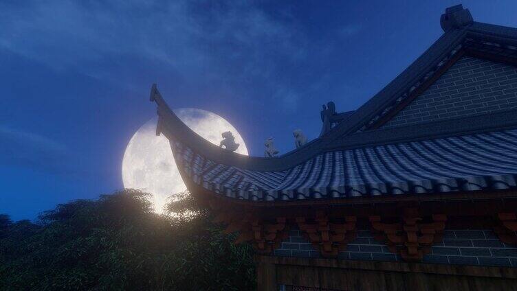 中秋节屋檐上月亮升起