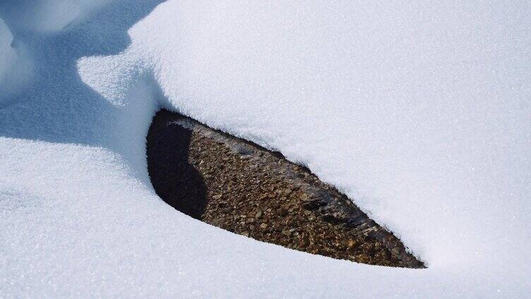 溪水潺潺流淌，融化了深深的积雪。冬天的细节。