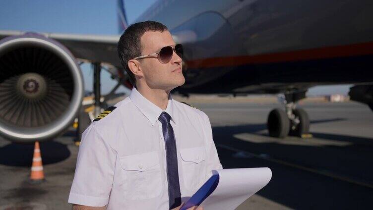 机场、飞行员、飞机。自信的男性飞行员工人航空工程师检查飞行安全的背景飞机飞机。旅游专业人士旅游交通专业人士的概念