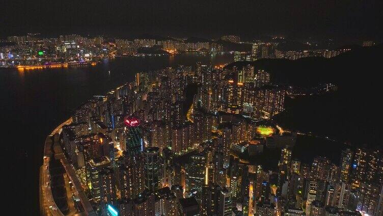 香港城市万家灯火夜景航拍