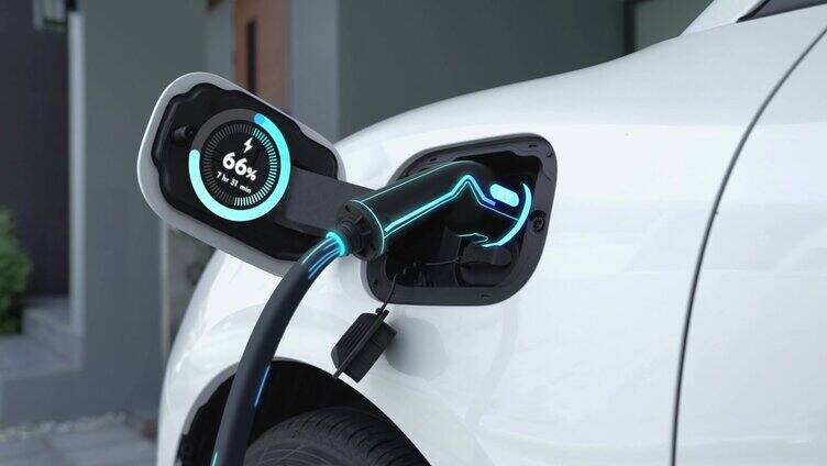 电动汽车在未来的家庭充电站充电。细读