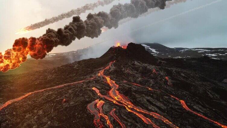 小行星流星从冰岛火山上空落下鸟瞰图