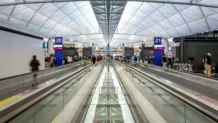 高清时间镜头:香港机场离境大堂的旅客拥挤