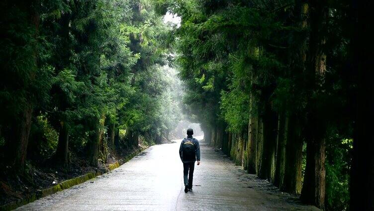 旅行者背着背包在路上向前走