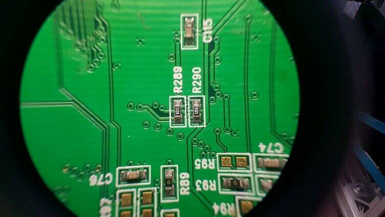 在工厂用显微镜检查电子PCB板