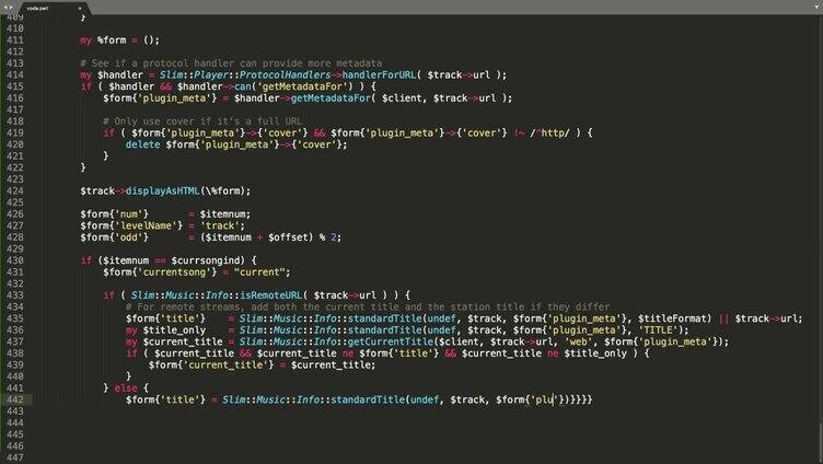 Perl编程语言源代码输入效果。Perl程序员标记器彩色命令编辑器屏幕。网络开发技术教育。棕色的背景。绿蓝红黄颜色代码高亮显示。5分13秒，16:9屏幕格式。