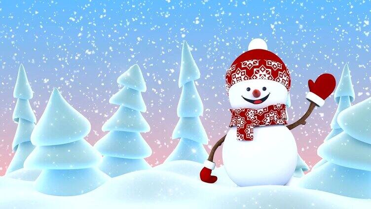 可爱的小雪人戴着小红帽，用手和微笑问候冬日森林降雪。美丽的3d卡通动画。动画贺卡。圣诞快乐新年快乐概念。
