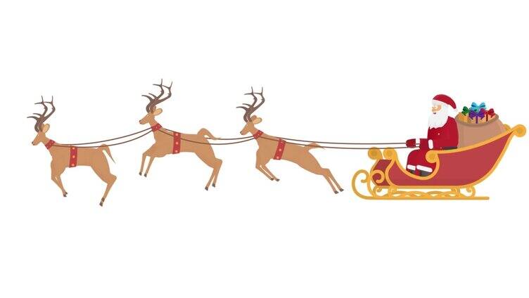 驯鹿雪橇。圣诞老人带礼物的动画。卡通