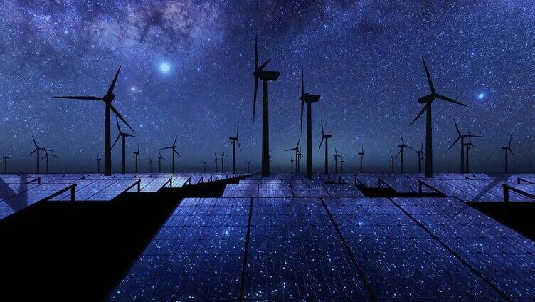 太阳能电池板和风力涡轮机星空之夜的3D动画