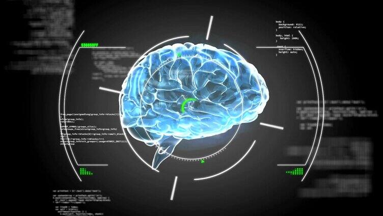 发光的蓝色人脑旋转在黑色的背景