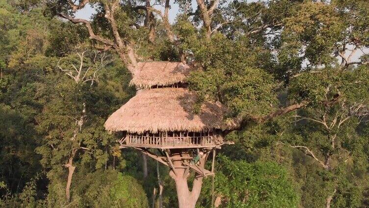 老挝树屋建筑鸟瞰图。