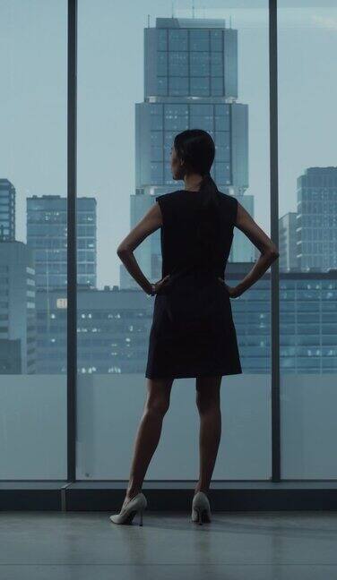 垂直屏幕:穿着时尚服装的成功女商人看着窗外的大城市。从事金融项目的自信女性CEO。工作计划和营销活动经理。