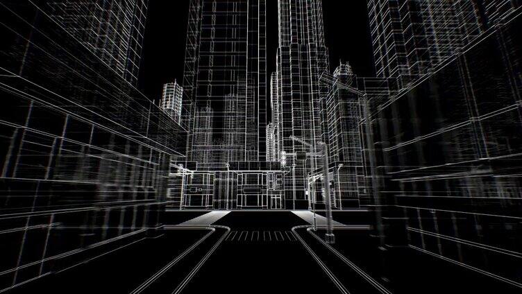 在黑色的无缝数字3d蓝图中移动的抽象现代城市的空街道。施工与技术概念。毛圈的3 d动画。