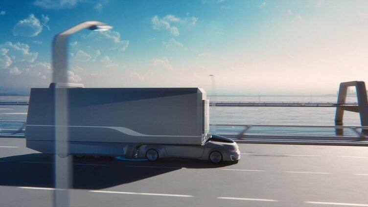未来技术概念:带货运拖车的自动驾驶卡车，带扫描传感器在路上行驶。高速公路零排放电动汽车的特殊效果分析。