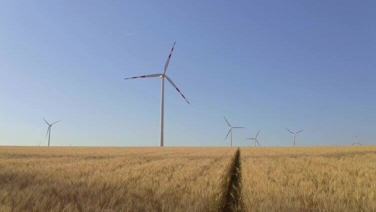 空中的风力涡轮机在金色的麦田里旋转