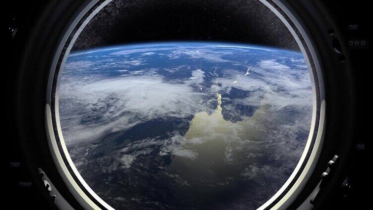 地球通过国际空间站的舷窗。空间站绕地球运行。现实的气氛。3 d体积云。空间。国际空间站。4 k。