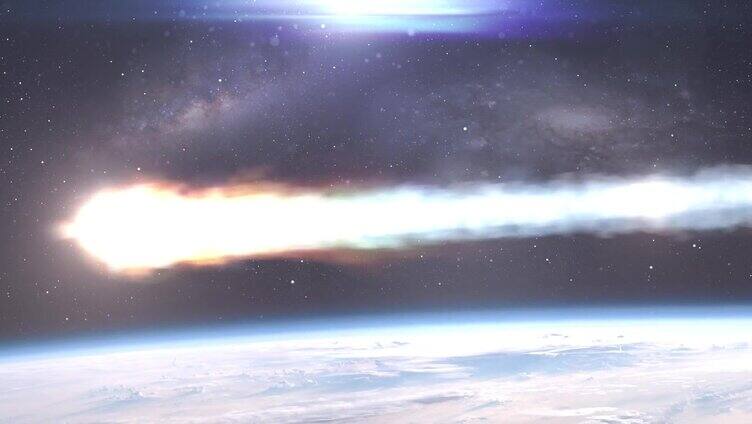 流星小行星在云层上方进入地球大气层
