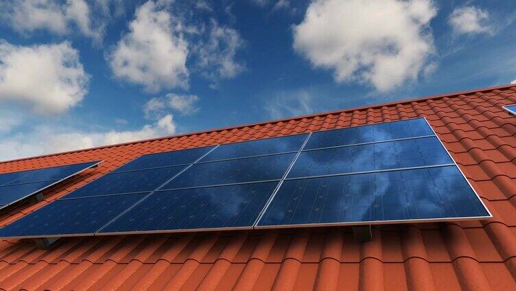 屋顶瓦片上的太阳能电池板产生电能，节省了资金