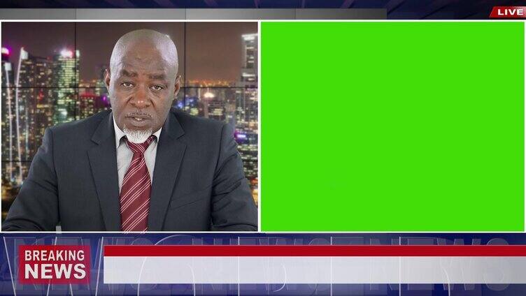 4K视频:非洲裔高级男新闻主持人，在广播演播室中使用绿色屏幕显示模型