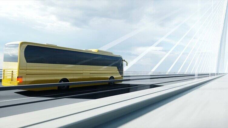 桥上巴士的三维模型。开车非常快。4 k动画。