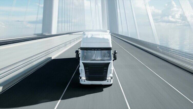 桥上白色卡车的3d模型。4 k动画。