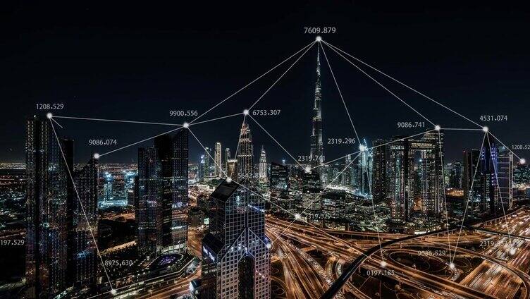 T/L迪拜城市天际线和5G网络概念，从白天到夜晚/阿联酋