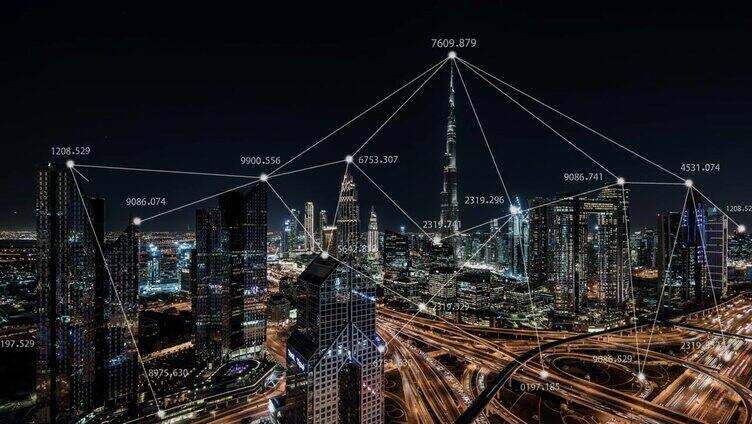 迪拜城市天际线和5G网络概念