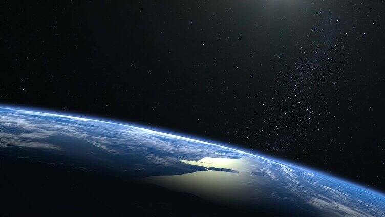 地球。从空间。星星闪烁。飞越地球。地平线向右转。4 k。地球缓慢地自转。现实的气氛。3 d体积云。