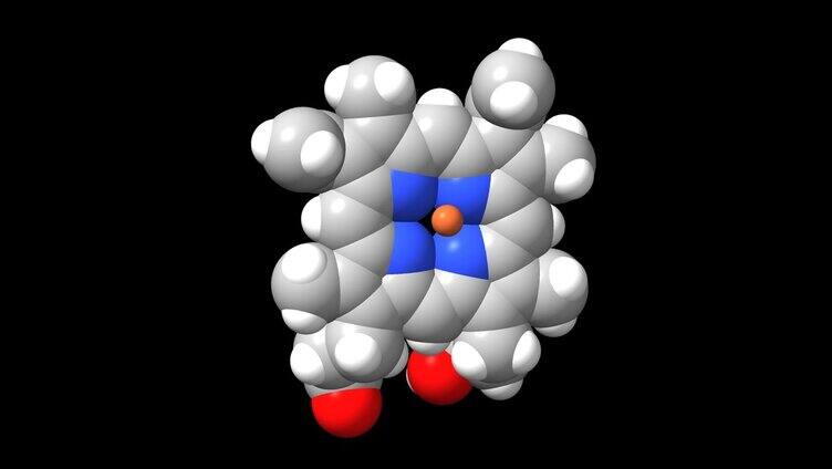 血红素B的动画3D球棍和空间填充模型