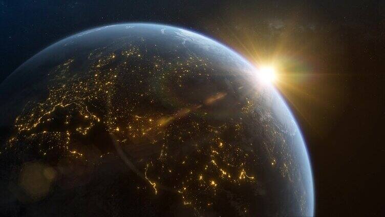 地球从太空-缓慢的戏剧性日出- 3D动画