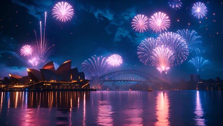澳大利亚首都悉尼城市烟花夜景风景风光ai