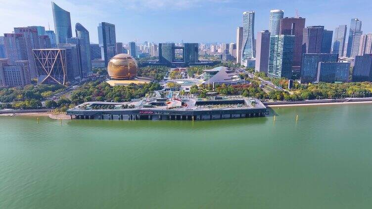 浙江杭州钱江新城市民中心航拍城市地标风景