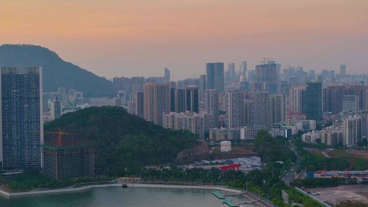 夕阳西下深圳湾航拍日落傍晚黄昏风景风光深