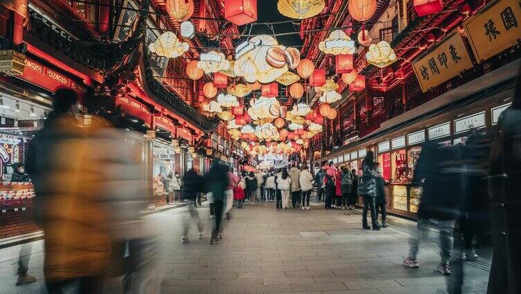 上海城隍庙灯会人流延时摄影4k