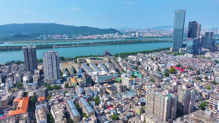 湖南长沙湘江杜甫江阁茶馆航拍城市地标风景