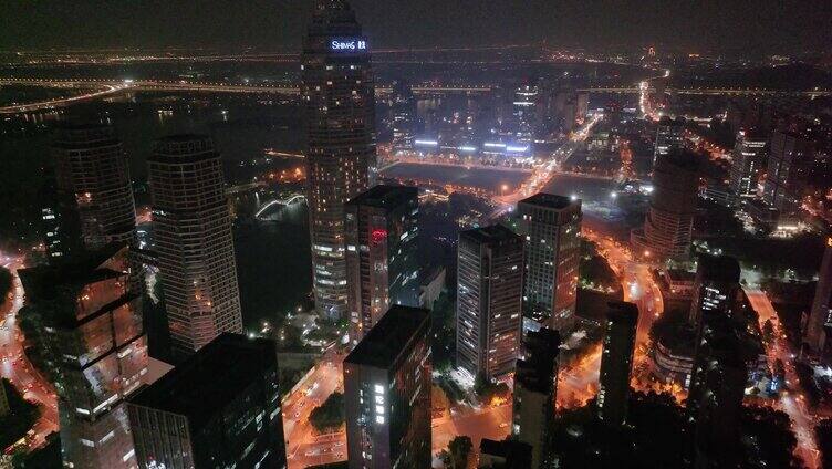 浙江绍兴世茂天际中心高楼大厦夜晚夜景航拍