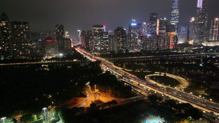 广州大桥海心桥夜景航拍车流交通广州大道夜