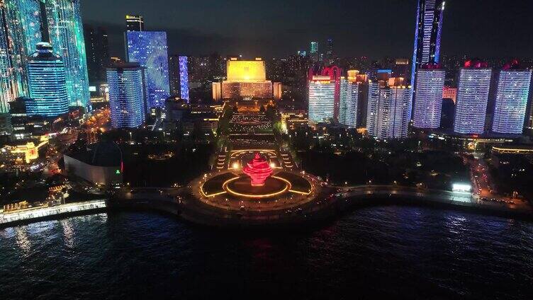 山东青岛市五四广场海滨风景区夜景航拍市南