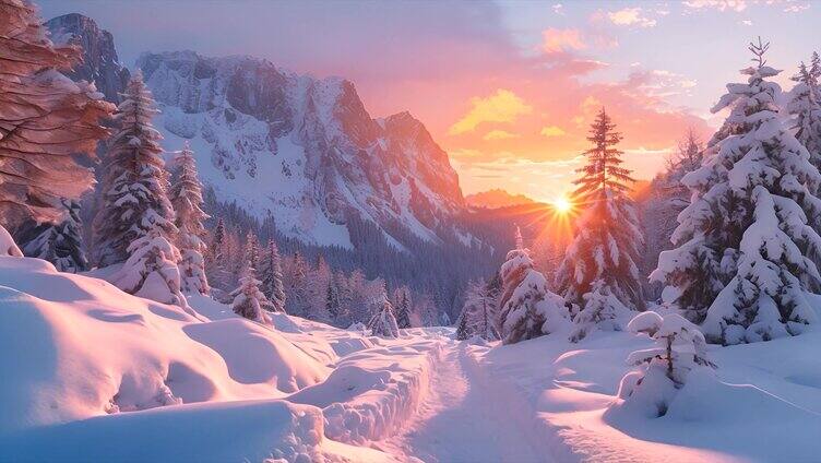 日照金山雪山雪景唯美风景风光美景