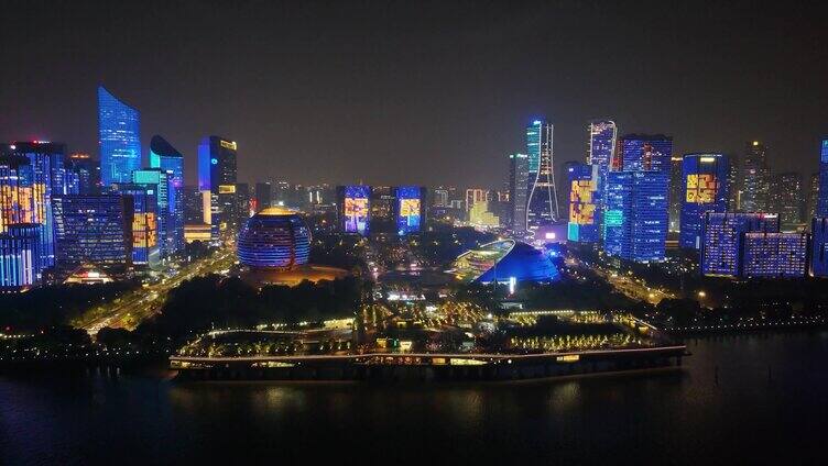 杭州城市地标风景夜晚夜景航拍风光美景浙江