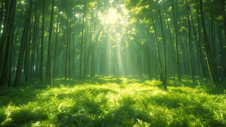 早晨竹林光影丁达尔光竹子叶子森林清晨